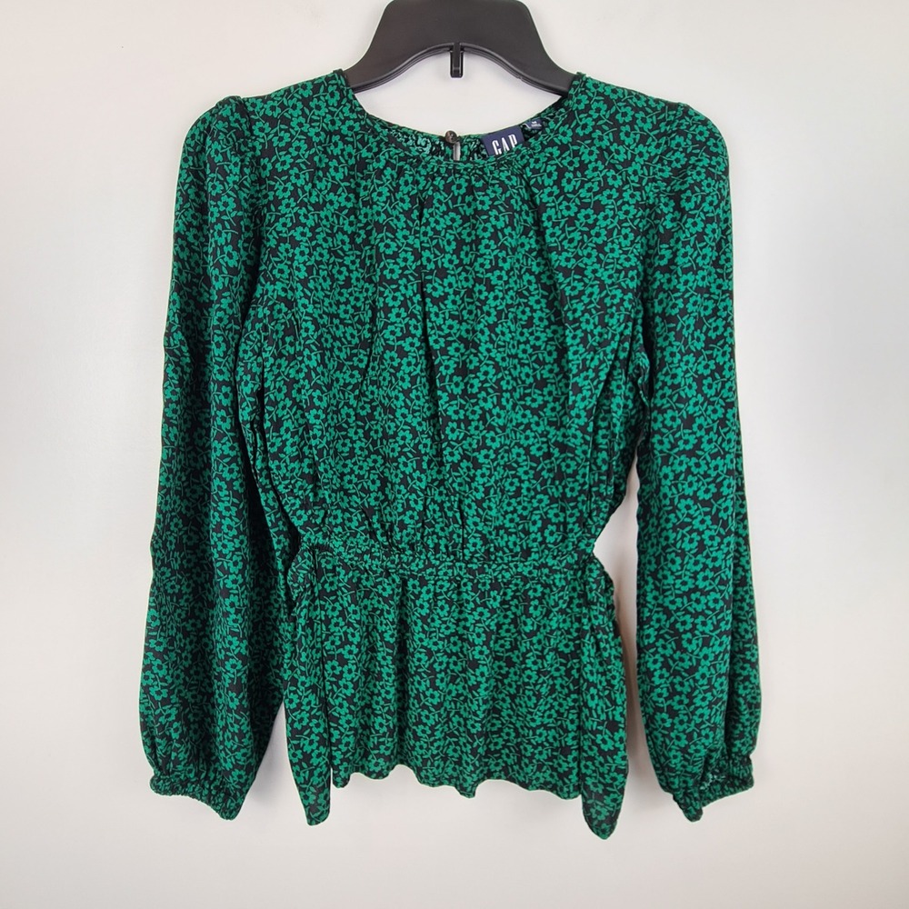 GAP Womens Green Floral‎ Long Sleeve Side Cutout Peplum Top Blouse Medium